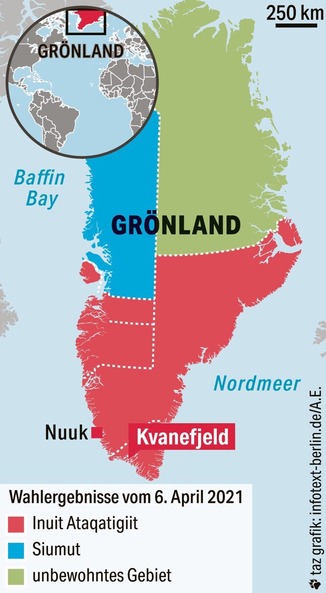 Grönland-Karte mit Wahlergebnissen