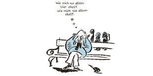 Comic-Zeichnung von Thomas Bernhard auf einer Parkbank