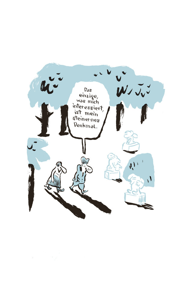 Comic-Zeichnung von Thomas Bernhard wie er mit einer anderen Figur durch den Wald geht