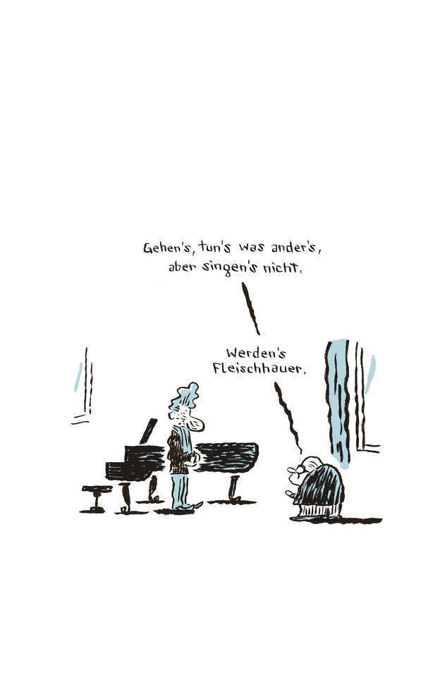 Comic-Zeichnung von Thomas Bernhard und seinem Klavierlehrer, der ihm keinerlei Talent attestiert