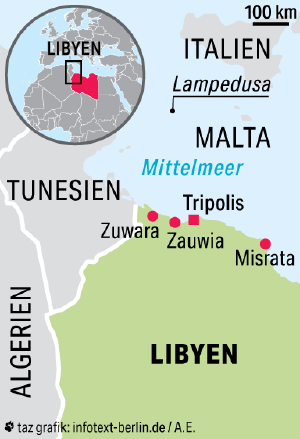 Eine Karte zeigt Libyen im Norden Afrikas und die vier Städte und Zuwara, Zauwia, Tripolis und Misrata an der Küste des Landes (von West nach Ost)