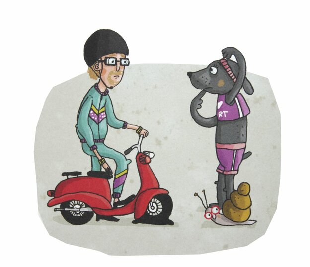 Junge auf roten Motorroler begegnet Henriette und der Schnecke Junge auf roten Motorroler begegnet Henriette und der Schnecke