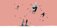 Illustration - Menschen sehen, wie andere Menschen rittlings auf Impfspritzen fliegen