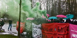 Über einen Demonstrationszug zieht grüner Rauch