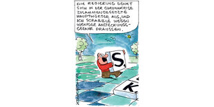 Ein Cartoon in bunt gezeichnet. Ein Mann steht draußen auf einem Scrabble-Feld mit einem riesigen Scrabble-Stein