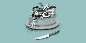 Illustration - der Kapitalkuchen aus Häusern, Geldmünzen und Eurozeichen wird angeschnitten