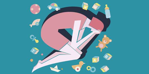 Illustration: Frau liegt zusammengekrümmt am Boden neben Babyspielzeug