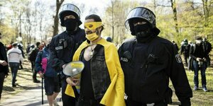 Ein Mann mit einem schwarz gelben Superhelden-Kostüm wird von der Polizei während einer Demonstration gestoppt