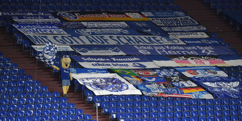 Transparente und Maskottchen auf der Tribüne der Schalker Arena