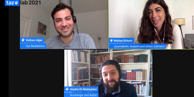 Volkan Ağar auf dem Bildschirm mit dem Soziologen Aladin El-Mafaalani und der Autorin Melisa Erkurt Volkan Ağar auf dem Bildschirm mit dem Soziologen Aladin El-Mafaalani und der Autorin Melisa Erkurt