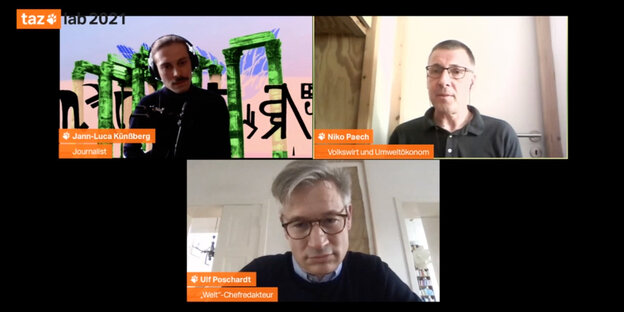 Jann-Luca Künßberg im Video-Gespräch mit Welt-Chefredakteur Ulf Poschardt und Volkswirt Niko Paech Jann-Luca Künßberg im Video-Gespräch mit Welt-Chefredakteur Ulf Poschardt und Volkswirt Niko Paech
