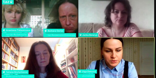 Anastasia Tikhomirova und Barbara Oertel im Gespräch mit Olga Deksnis, Tatiana Shchyttsova und Janka Belarus Anastasia Tikhomirova und Barbara Oertel im Gespräch mit Olga Deksnis, Tatiana Shchyttsova und Janka Belarus