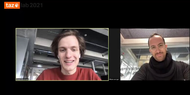 taz lab Redakteur Vincent Bruckmann im Videocall mit dem Pianisten Igor Levit