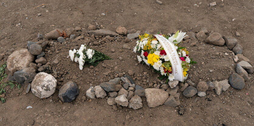 Blumen auf einem Erdhügel mit Steinkreis