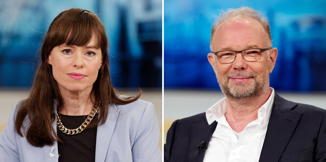 Historikerin Hedwig Richter und Bernd Ulrich, stellvertretender Chefredakteur der Zeit in einem Fernsehstudio