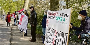 Demonstranten mit Fahnen und Plakaten