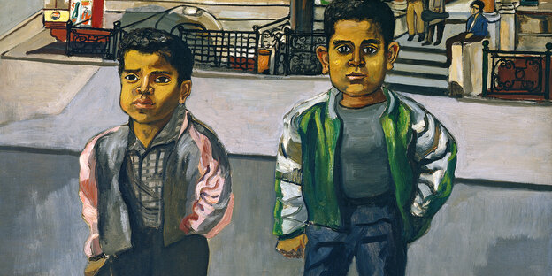 Gemälde von zwei dominikanischen Jungen auf einer New Yorker Straße