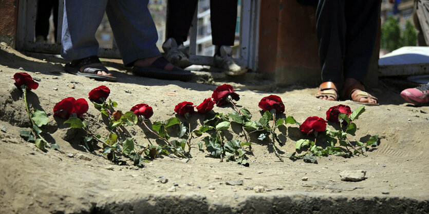 Auf dem Boden liegen rote Rosen