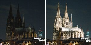 Kölner Dom bei einer Aktion mit und ohne Beleuchtung