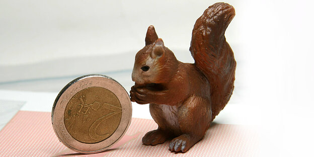 Eine Eichhörnchenfigur neben einem Zwei Euro-Stück