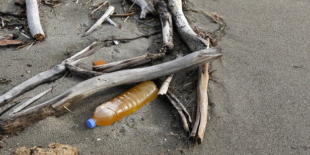 Plastikflasche am Strand.