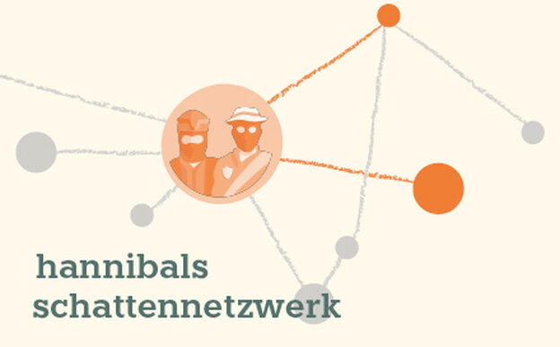 Das Logo zeigt ein Netz aus Punkten, die mit Strichen verbunden sind. In einem der Kreise sind zwei vermummte Personen. Darunter steht der Schriftzug: Hannibals Schattennetzwerk.