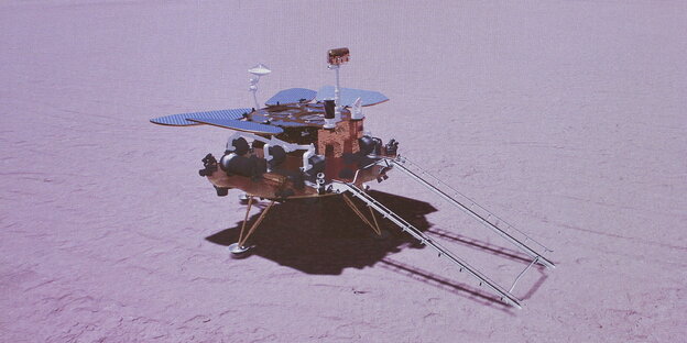Grafische Simulation: eine Sonde auf der Marsoberfläche