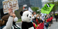 junge Leute demonstrieren gegen die Erderhitzung, jemand hat sich als Pandabär verkleidet