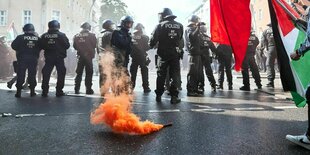 Eine Polizeikette, von rechts ragt eine Palästina-Flagge ins Bild