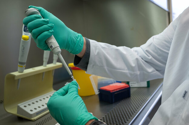 Eine elektrische Pipette wird in eine kleine Ampulle eingeführt Eine elektrische Pipette wird in eine kleine Ampulle eingeführt