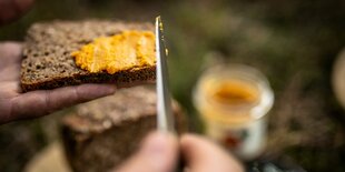 Jemand schmiert eine Paste auf ein Vollkornbrot