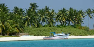 Strand von Bangaram Island mit Palmen und Motorboot