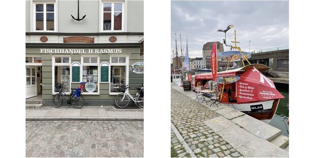 Zwei Fotos, links ein Laden mit dem Namen Fischhandel Rasmus, rechts ein roter Kutter Zwei Fotos, links ein Laden mit dem Namen Fischhandel Rasmus, rechts ein roter Kutter