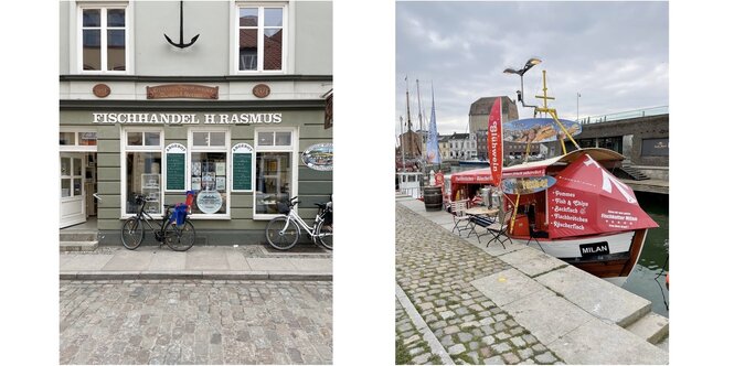 Zwei Fotos, links ein Laden mit dem Namen Fischhandel Rasmus, rechts ein roter Kutter