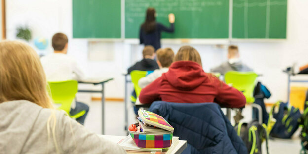 Das Foto zeigt eine Schulklasse von hinten, mit einer Lehrerin an der Tafel.