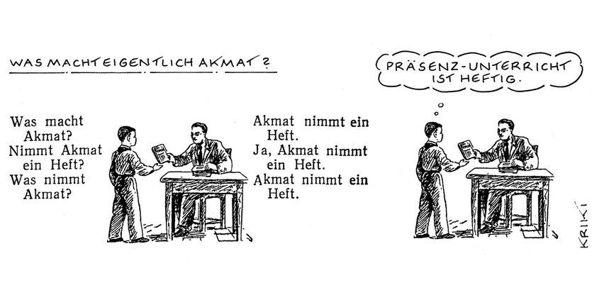 Eine Zeichnung in s/w, eine Collage, ein Cartoon. Ein Schüler gibt einem Lehrer das Heft und sagt, dass er Präsenzunterricht "heftig" findet