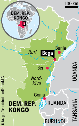 Eine Karte der Demokratischen Republik Kongo mit der Markierung der Kleinstadt Boga im Osten des Landes Eine Karte der Demokratischen Republik Kongo mit der Markierung der Kleinstadt Boga im Osten des Landes