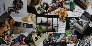 Fotomontage "Simba Mbili", zu sehen sind verschiedenen Objekte und Fotos mit Löwen