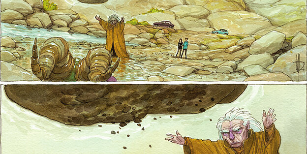 Ein alter Mann bringt einen Stein zum Schweben