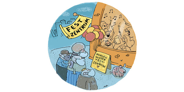 Ein Cartoon in bunt: Menschen feiern. Slogan: Heute Festzentrum, morgen Testzentrum