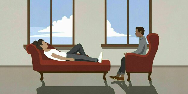 Eine Illustration von einem Therapeuten im Gespräch mit Patient auf einer Chaiselongue