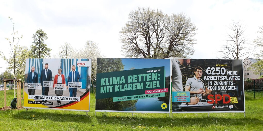 Eine Wiese mit drei Wahlplakaten.