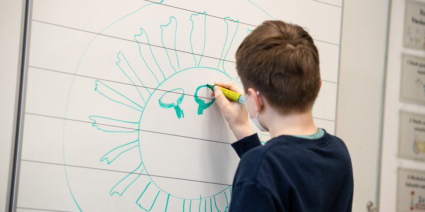 Ein Mensch mit Atemschutzmaske zeichnet ein Coronavirus auf eine Flipchart