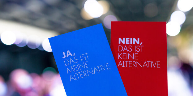 Eine rote und eine blaue Karte vor verschwommenen Hintergrund mit der Aufschrift: "Ja, das ist meine Alternative"; "Nein, das ist keine Alternative"