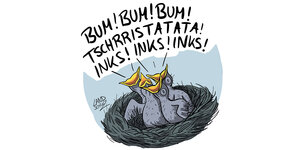 Eine Karikatur mit grauen Vogelküken und Sprechblase