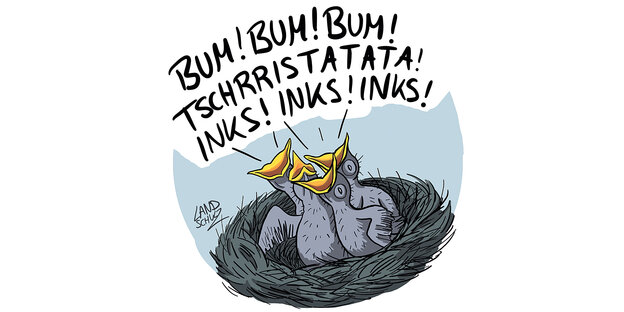 Eine Karikatur mit grauen Vogelküken und Sprechblase