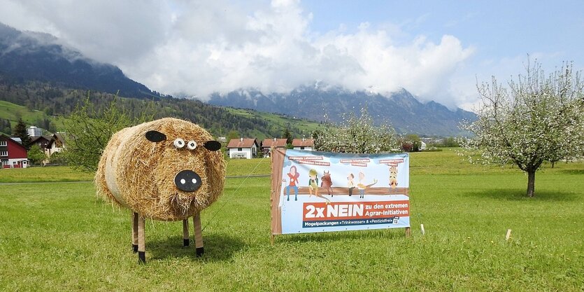 Landschaftsaufnahme mit Strohtier und einem Transparent