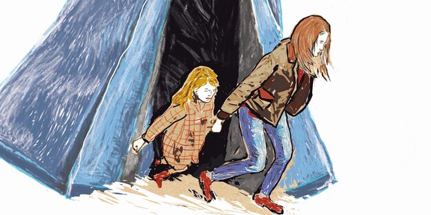 Eine Illustration eine Frau und ein Kind fliehen mit Koffer aus dem Umhang einer Frau