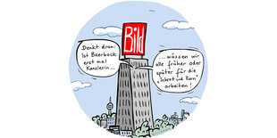 Illustration: Hochhaus mit dem "Bild"-Logo auf dem Dach. Aus den Fenstern Sprechblasen mit dem Satz: "Denkt dran: Ist Baerbock erstmal Kanzerlin, müssen wir alle früher oder später für die "Schrot & Korn" arbeiten"