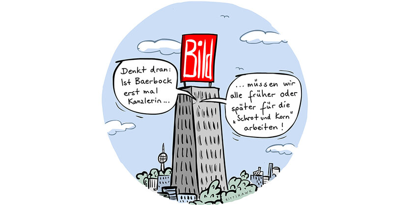 Illustration: Hochhaus mit dem "Bild"-Logo auf dem Dach. Aus den Fenstern Sprechblasen mit dem Satz: "Denkt dran: Ist Baerbock erstmal Kanzerlin, müssen wir alle früher oder später für die "Schrot & Korn" arbeiten"